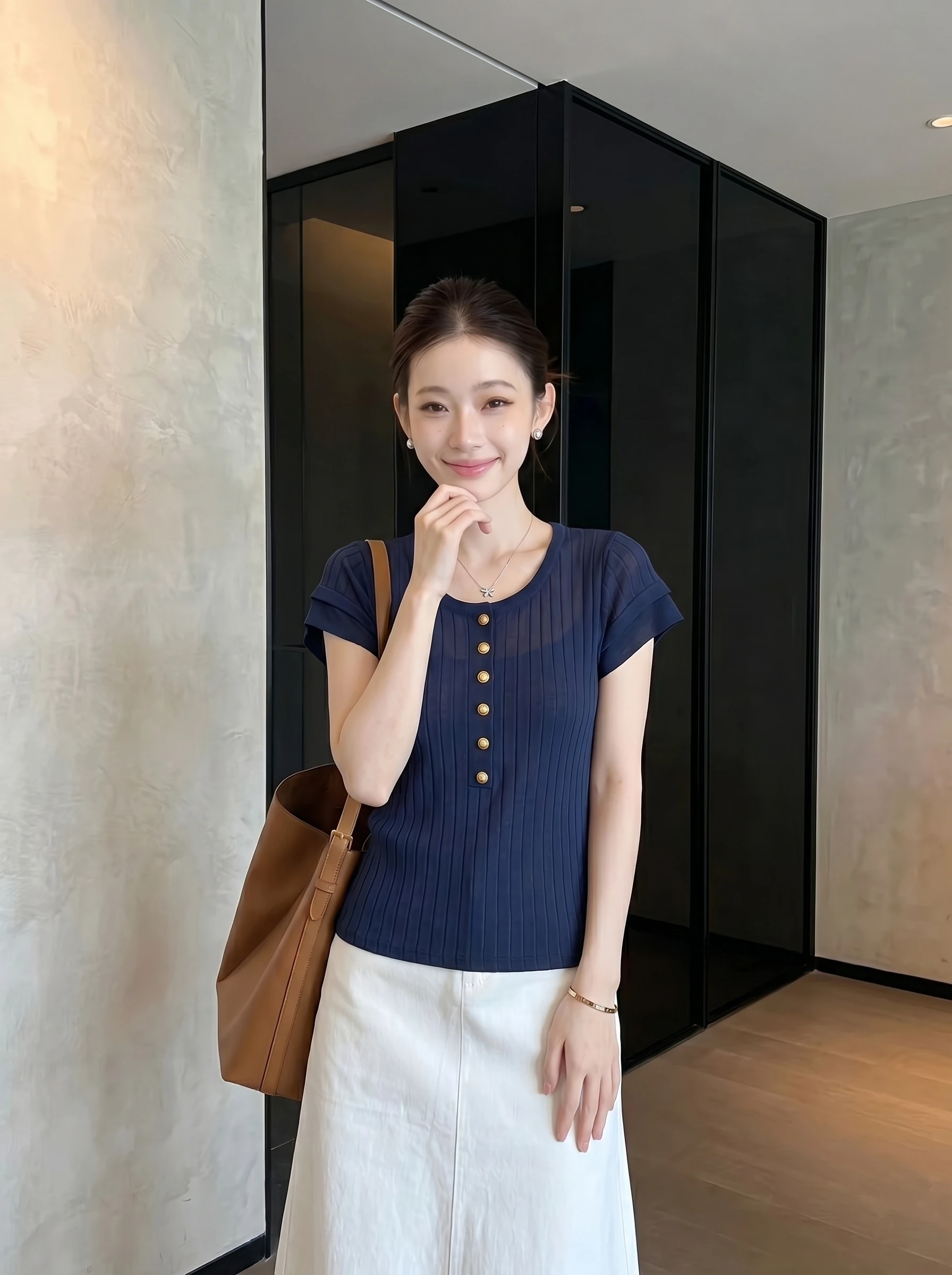 Elegant Chic Summer 2026 Women's Short Sleeve T-Shirt in Royal Blue Slimming Fashionable Casual Style round Neck Top