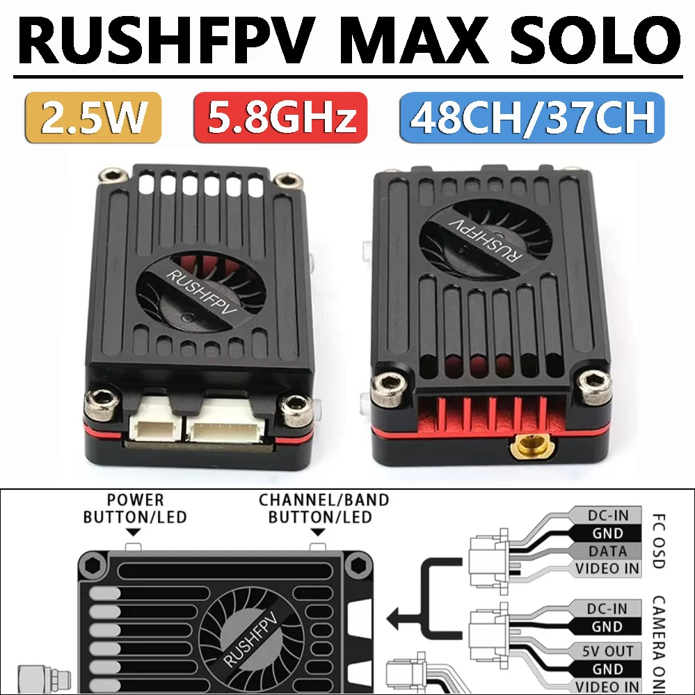 

RUSHFPV RUSH MAX SOLO 5.8GHz 2.5W VTX Video Transmitter Built-In Cooling Fan for RC FPV Long Range Drone Fixed-Wing Aircraft DIY