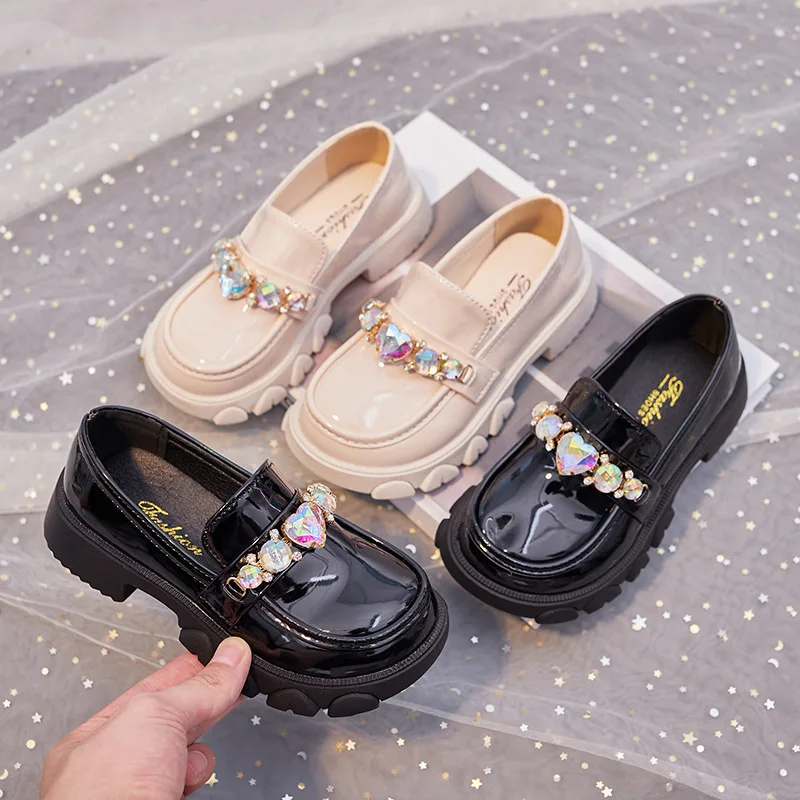 Autumn Kids Leather Shoes Girls Crystal Wedding Shoes Single Shoes Children Low-Heeled Princess Shoes Black Beige