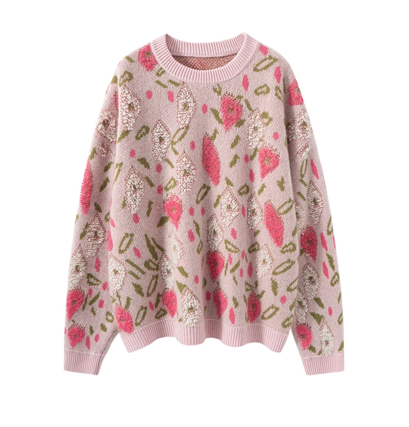 

2025 Fall Winter New Goat Cashmere Sweater for Women Fashion Printed Casual O-neck Wool Pullover/Cardigan Loose Sweater Tops