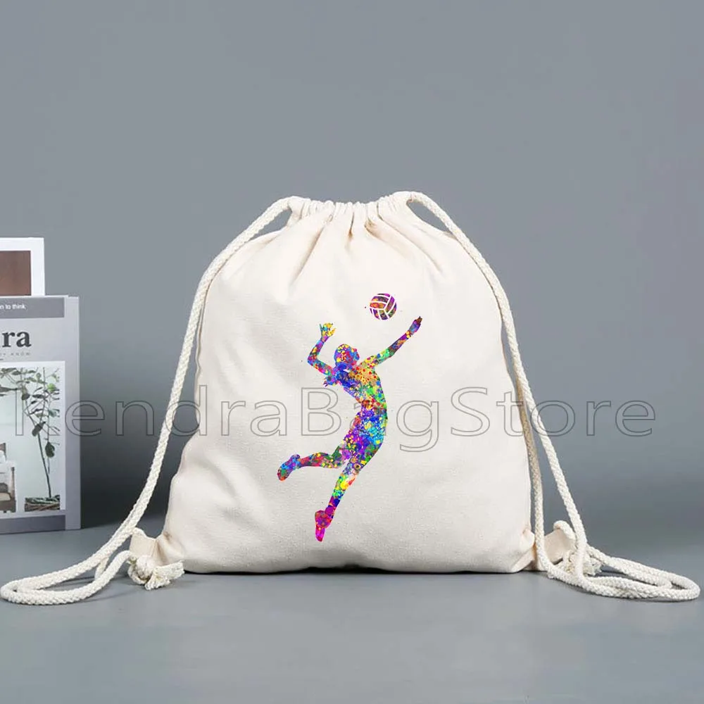 Cute Volleyball Player Man Woman Lover Gifts Watercolor Canvas Drawstring Bags Soccer Backpack Gym Sackpack Gifts String Bag