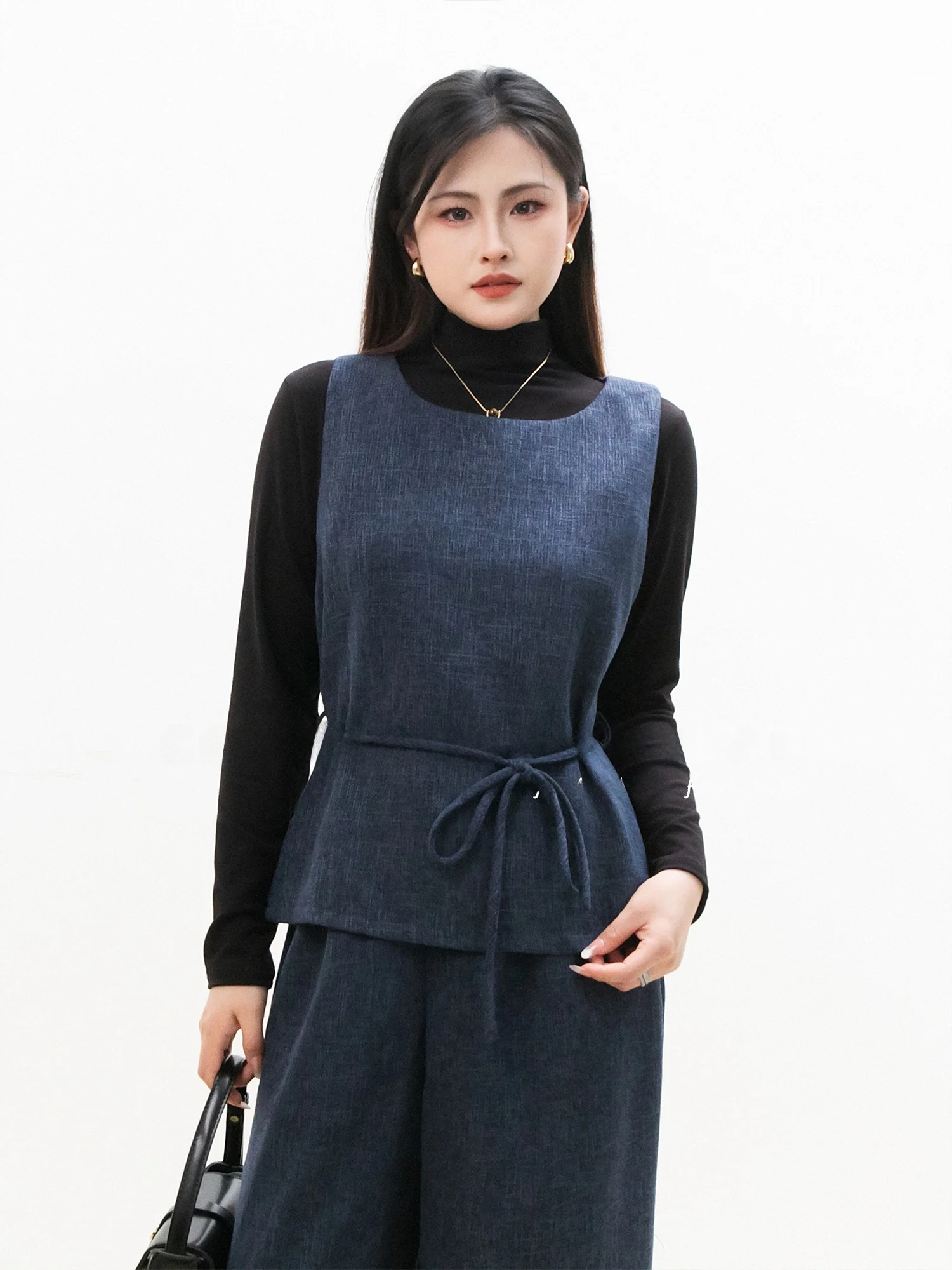 

Комплект Chelzy: синий жилет и брюки с широкими штанинами на высокой талии для женщин, весна-осень, модный деловой стиль