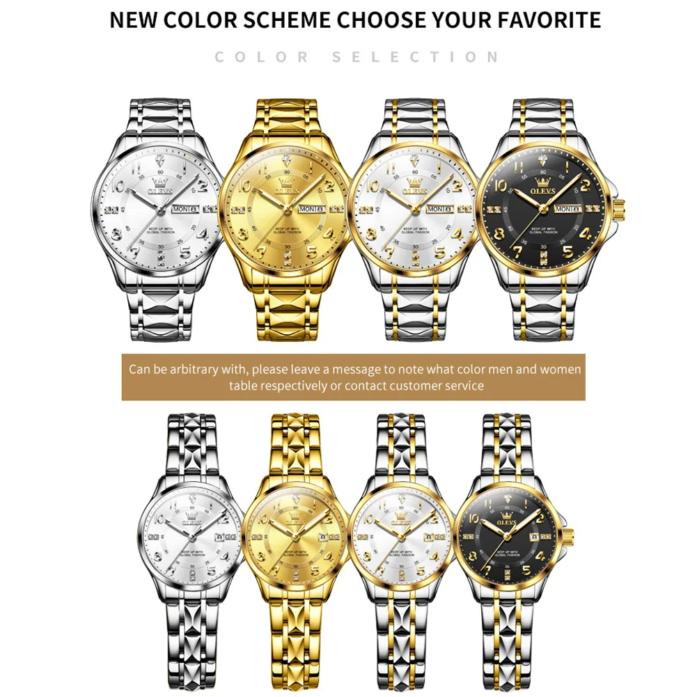 OLEVS High Quality Luxury Fashion Quartz Watches for Couple Original Stainless Steel Calendar Luminous Waterproof Couple Watches