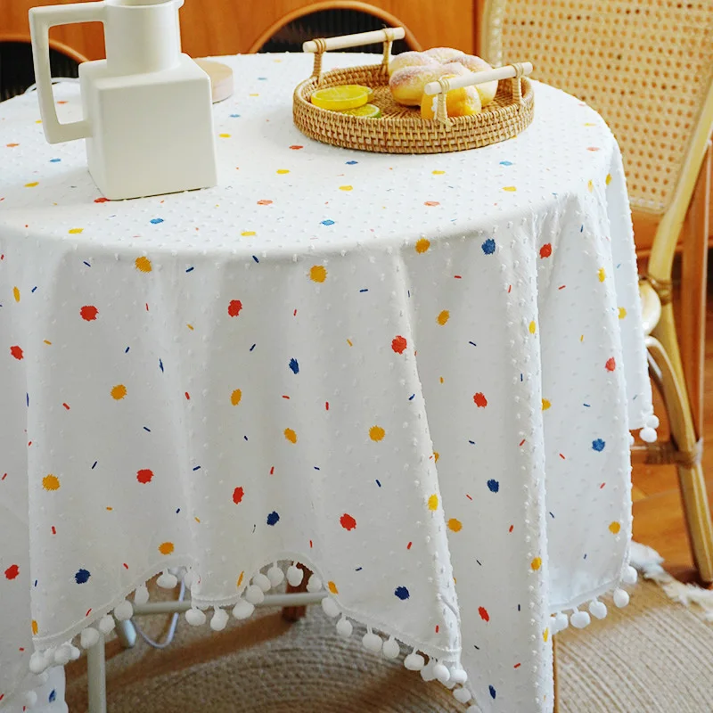 Round Tablecloth 100% Cotton Tassel Table Protector Cover Transparent for Home Kitchen Dinner Party Table Decoration Doodle