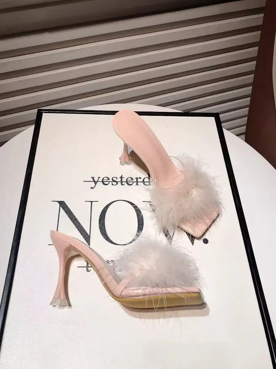 

High Quality Fashion Feather Summer Sandals Square Toe Thin Heel Luxury Pumps Women High Heels Wedding Party Banquet Shoes