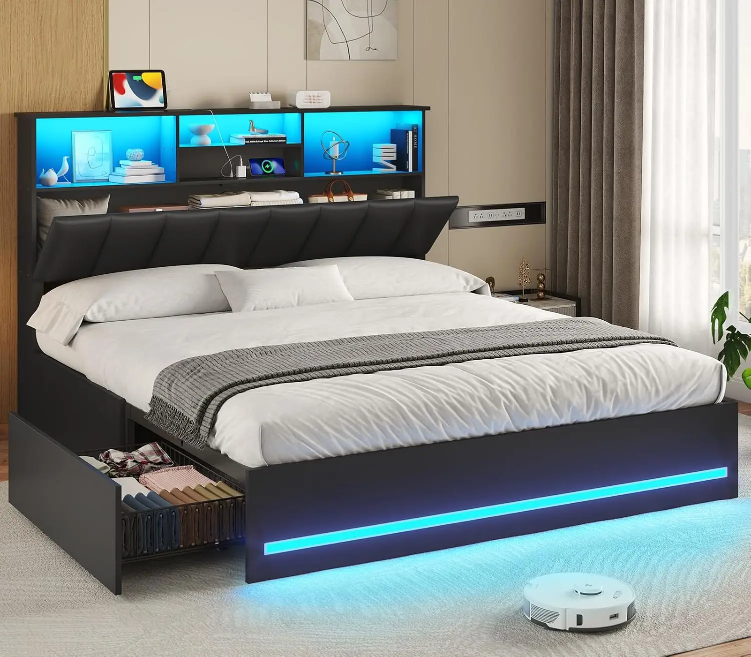 Full Bed Frame Bookcase Headboard Charging Station 4 Drawers LED Lights USB Type-C No Box Spring Black, Customized image 2