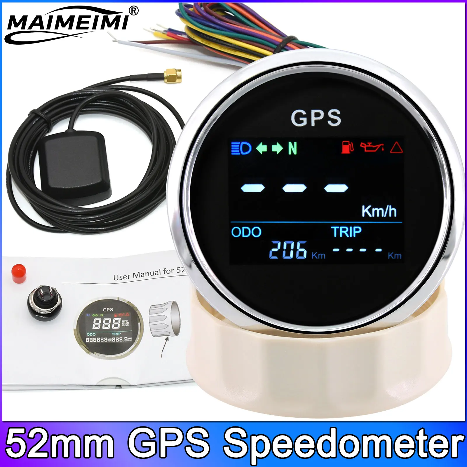 52mm GPS Speedometer Universal Speed Gauge + GPS Antenna with ODO TRIP Fuel Level Oil Press Alarm for Marine Boats Yacht 12V 24V