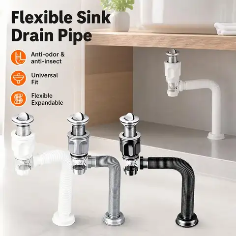 Tubo de Drenagem Flexível para Pia de Banheiro, Mangueira de Esgoto Anti-Odor para Lavatório, Tampa de Drenagem Pop-Up, Tubo de Pia que Economiza Espaço