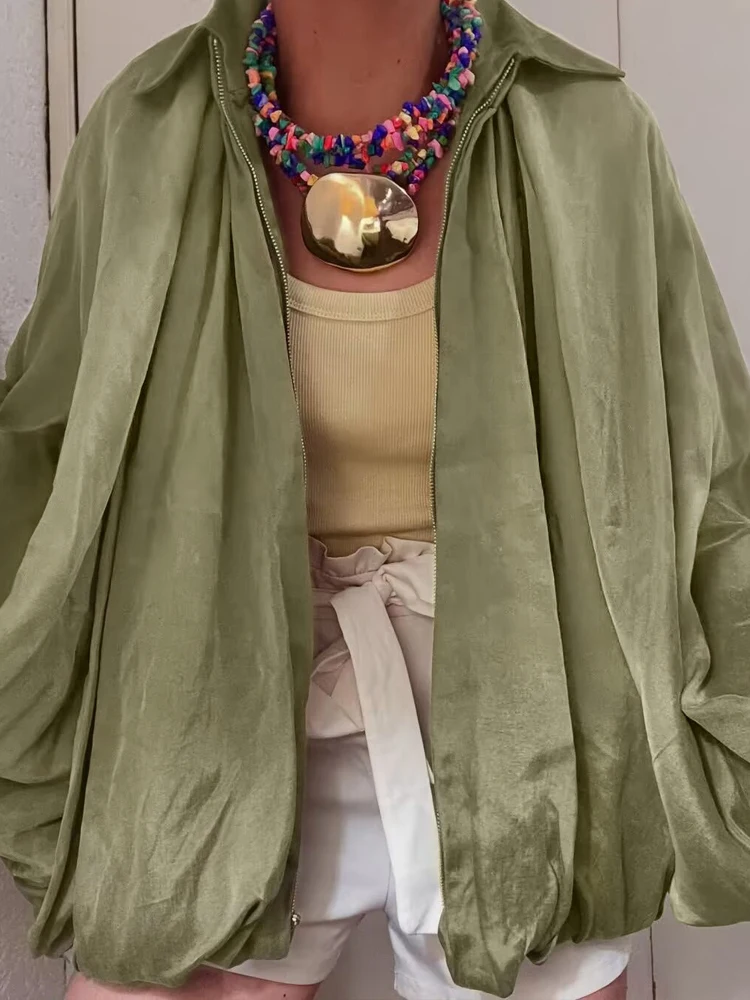 Dames Bomberjack Lange mouw Plooien Street Wear Met Rits Groen Beige Vintage Oversize Zip Up Casual Zomerjas Dames - afbeelding 2