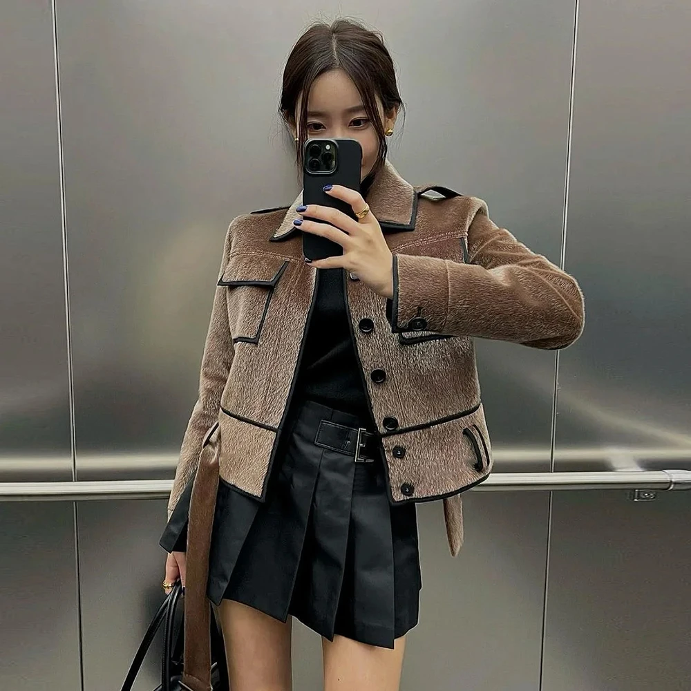 TWOTWINSTYLE Solid Spliced Button Designer Jackets For Women Lapel Long Sleeve Patchwork Pockets Female Fashion Style Clothes