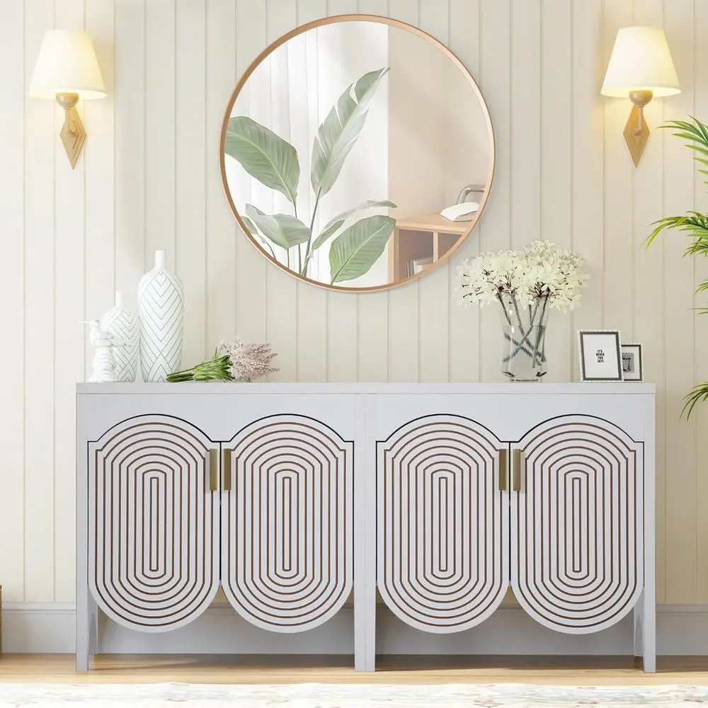 

White 4-Door Accent Storage Cabinet with Carved Arc Doors for Kitchen, Dining, Living Room