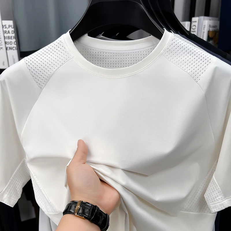 Sell Well Summer Sport T-shirt Men's Fast Dry Simple Silk Cool Outdoor Breathable Clothes Short Sleeve Tops Hollow Holes Shirts