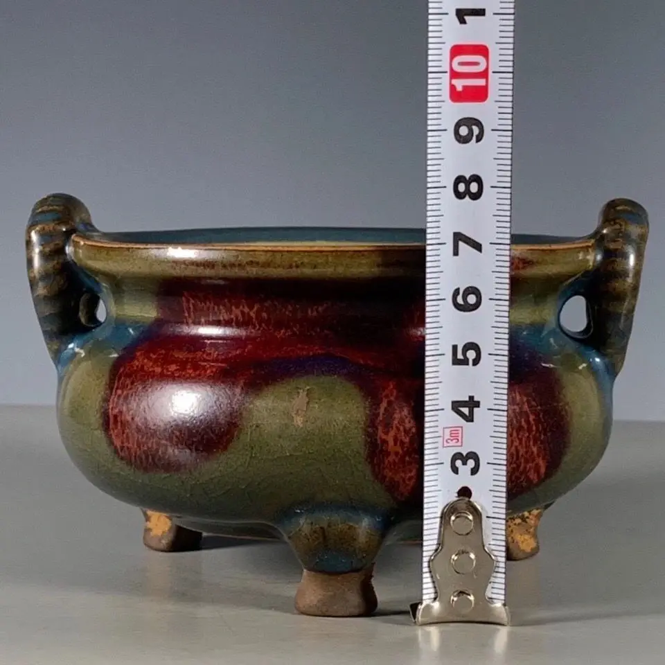 Song Jun Kiln Ceramic Incense Burner, Rose Purple Flambe Glaze, Three Legs & Double Ears Porcelain Ornament