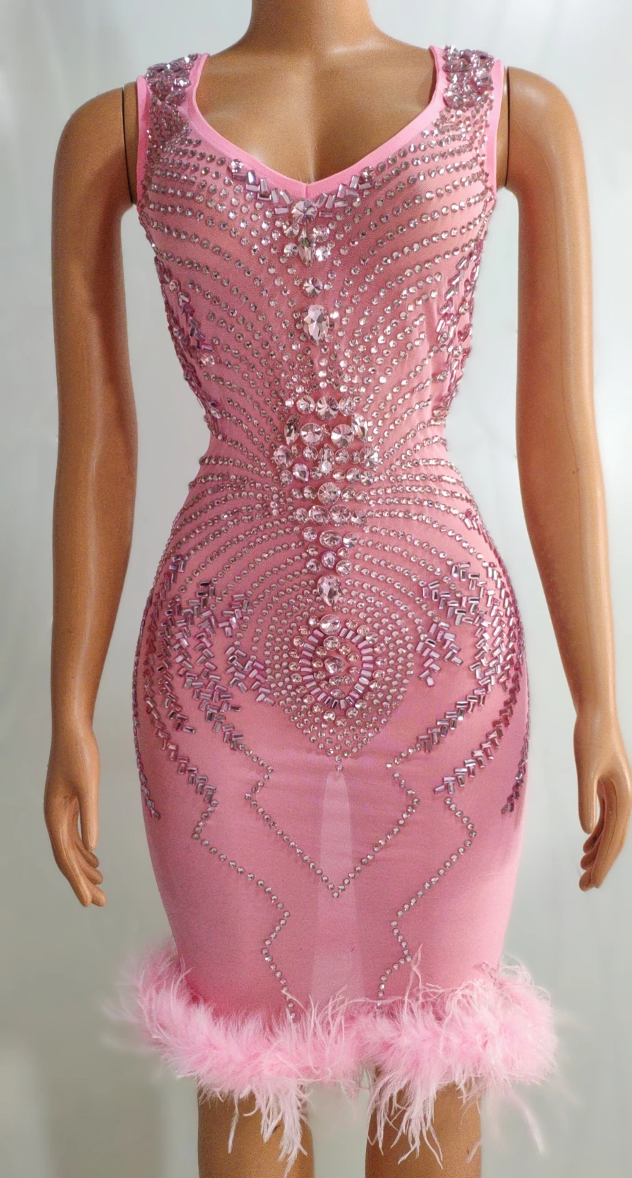 Wangshayumaoqun Womens Sexy Pink Rhinestone Sheer Mesh Bodycon Mini Dress Sleeveless Feather Trim Prom Party Cocktail Dress