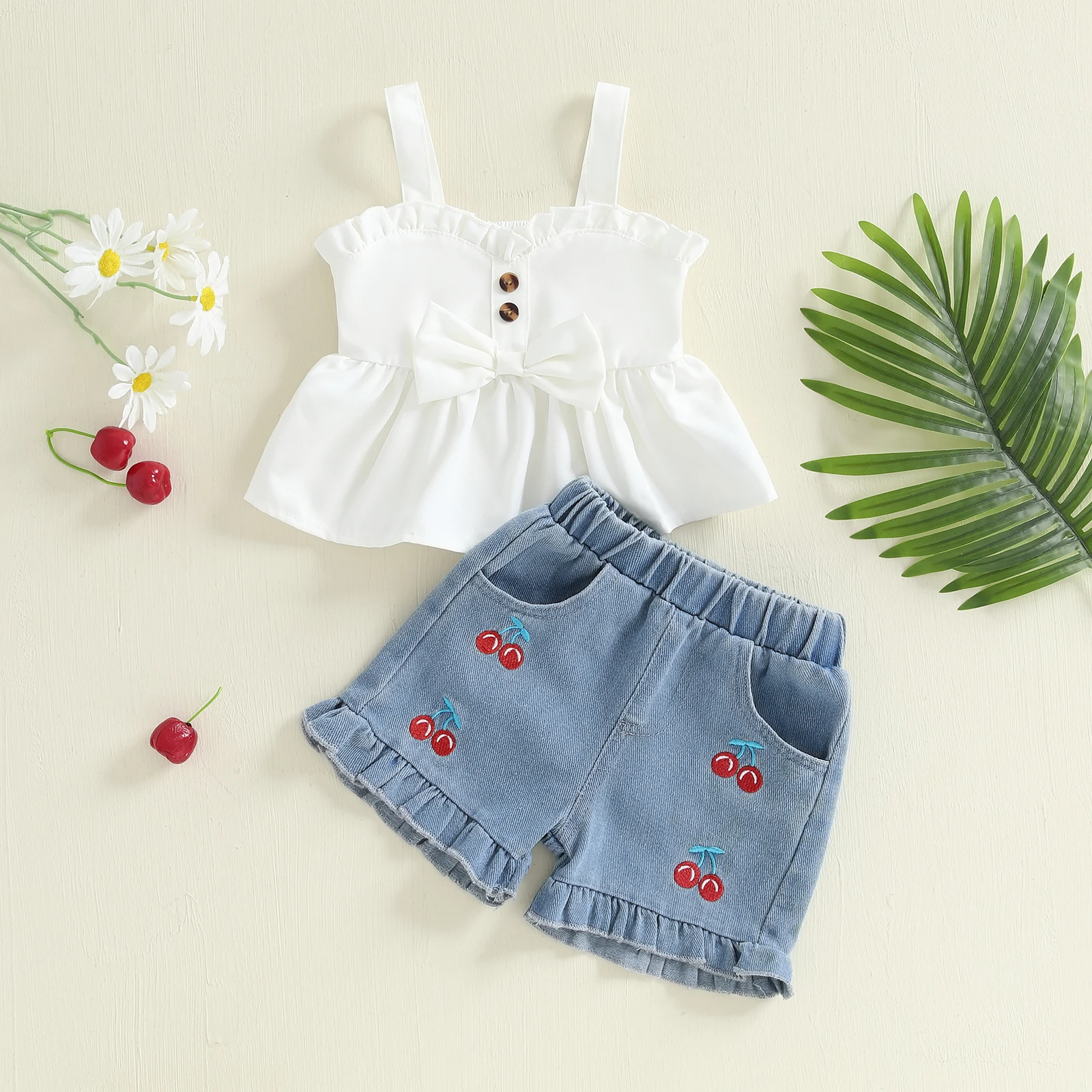 

Baby Girls Summer Outfits Solid Color Bow Sleeveless Camisole and Elastic Cherry Embroidery Denim Shorts 2 Pieces Sets