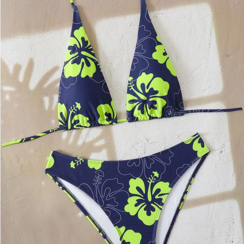 

Coconut Breeze Summer Navy Blue Fluorescent Floral Bikini Swimsuit Beach Vacation Soft Comfortable Two-Piece Swimsuit For Women