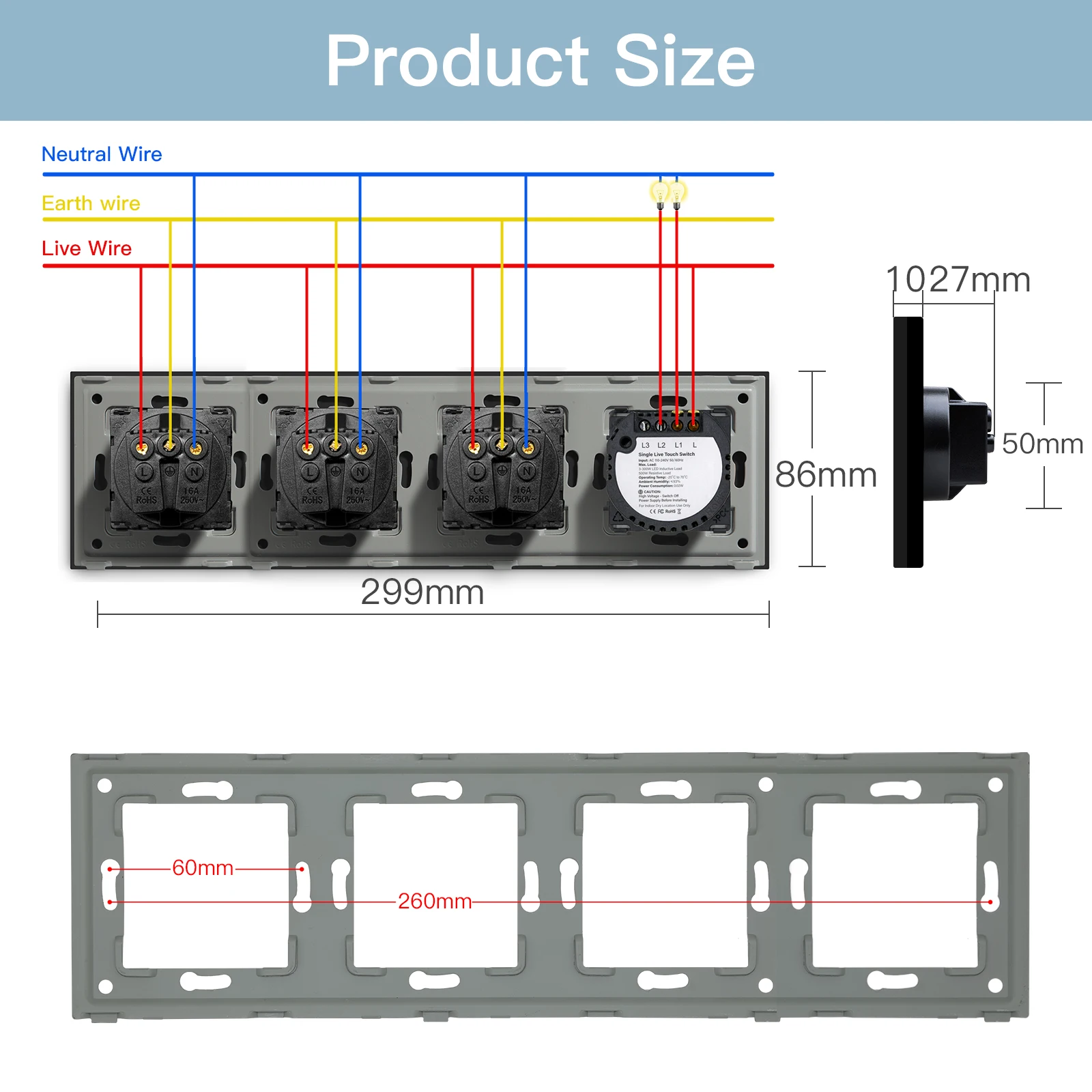 Imagem -05 - Touch Switch 1way Plus Tomadas de Parede Tripla Padrão da ue Luz Azul Painel de Vidro 299 mm Bseed1 3gang