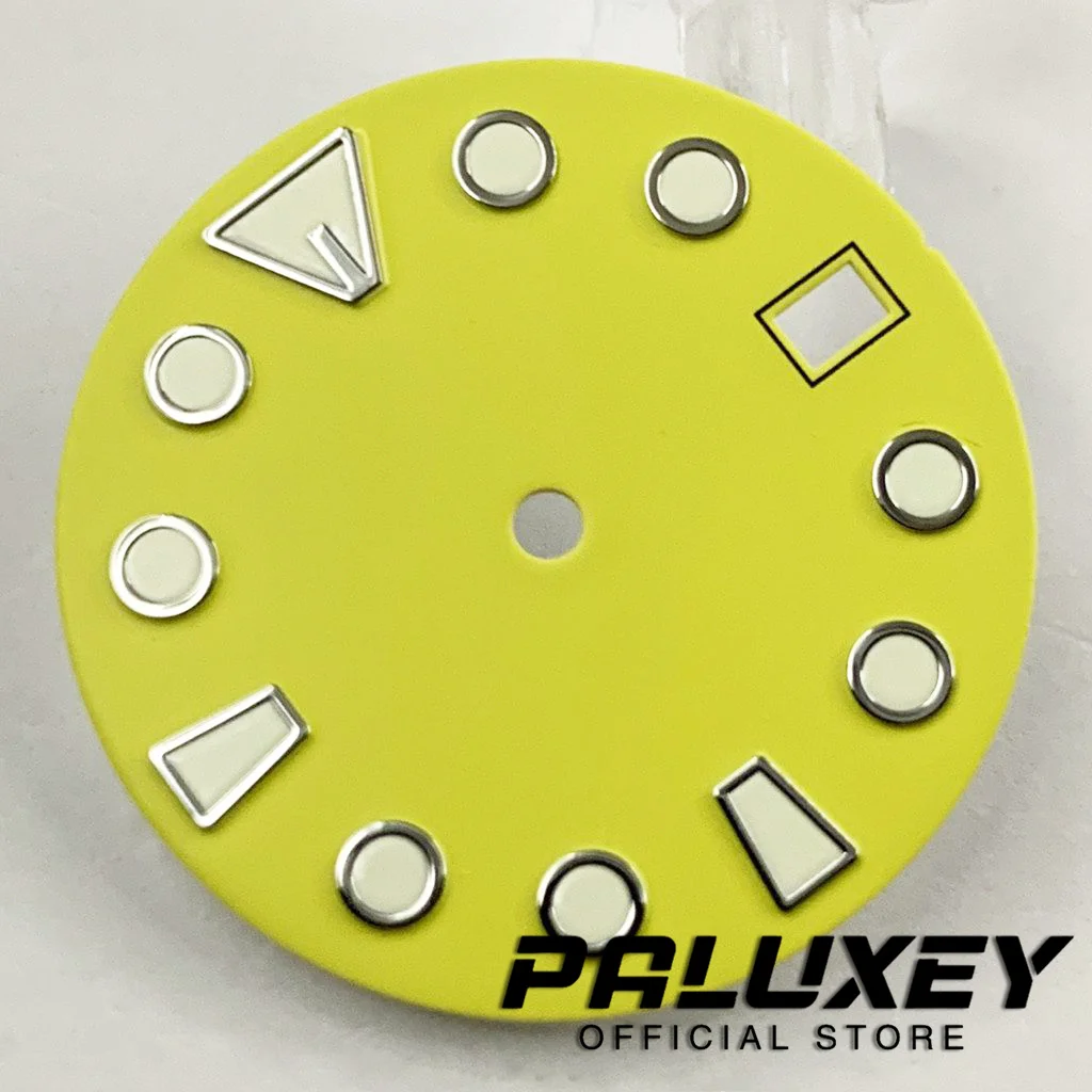 NH35 레드 옐로우 블랙 시계 다이얼, 녹색 야광 시계 페이스, NH35A 4R35 무브먼트 핏, 3 시 시계, 3.8O 시계 케이스 크라운, 28.5mm