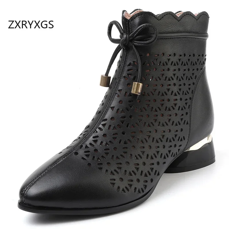 

ZXRYXGS Premium Cowhide Hole Hole Boots Fashionable Sandals 2025 Spring Summer Boots Elegant Comfortable Women Large Size Boots
