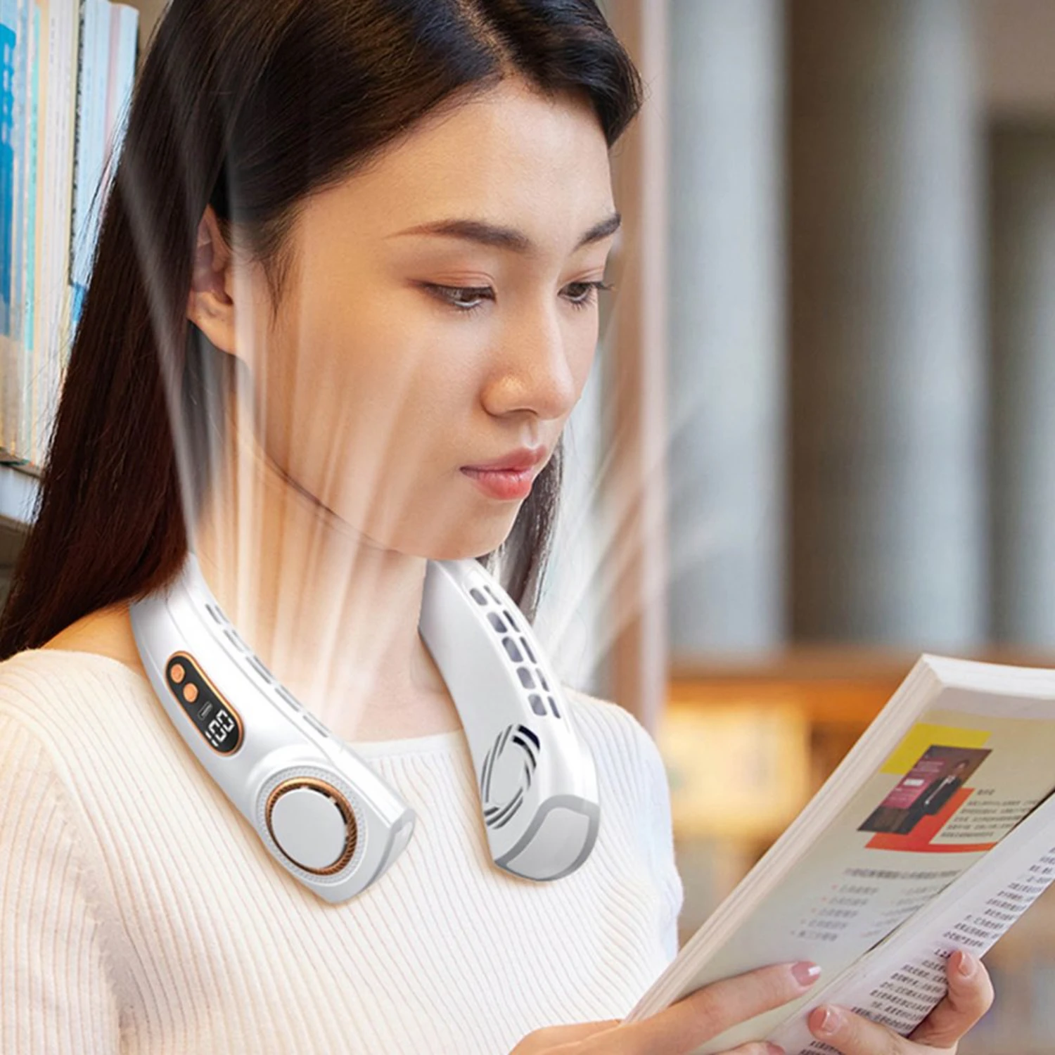 Портативный шейный вентилятор, перезаряжаемый через USB вентилятор с шейным ремешком без помощи рук, 5 скоростей, регулируемый с красочным окружающим освещением