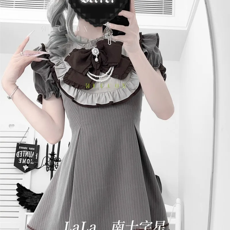 

Halloween Grey Lolita Vertical Stripes Dress Puff Sleeves Bow Tie Cute Style Full Set Party Clothing