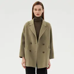 LDZWSM Autumn And Winter New Temperament Double-Sided Cashmere Coat Women's Short Pocket 100% Pure Wool Coat