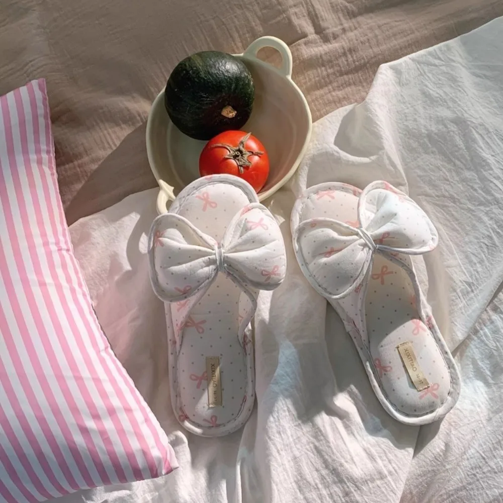 

Shoes Korean Style Bow Slippers Soft Cute Polka Dot Slides Cotton and Linen Silent One-line Slippers Girls