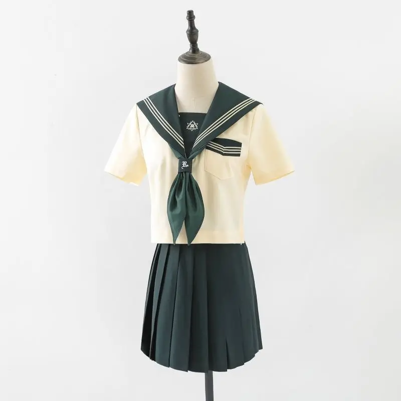 Japanese Harajuku Jk Uniform Kawaii Girl Clothes Green Sailor Long Short Sleeve Student Basic Set Shirt Skirt Bow Suit