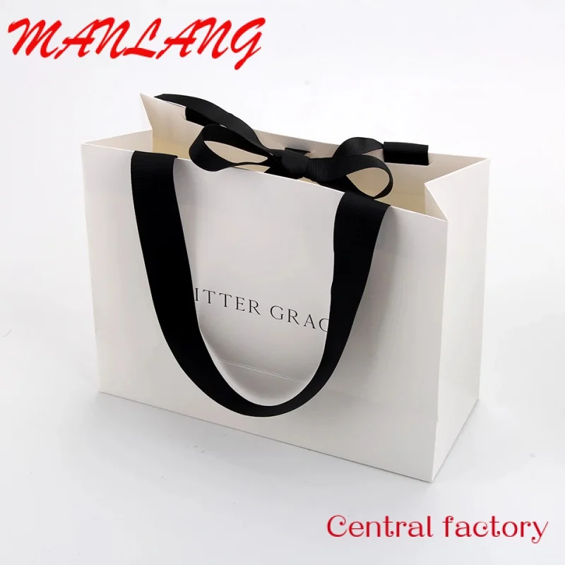 Custom  Custom Printed Paper Bags Cardboard Luxury White Kraft Paper Gift Bag With Ribbon Handle For Shopping Bag With Your Own