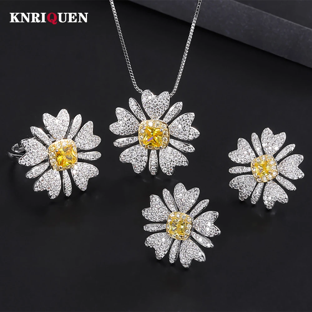 2022 Trend 5*5mm Topaz Sunflower Gemstone Necklace Pendant Ring Earrings Wedding Party Fine Jewelry Set for Women Birthday Gift