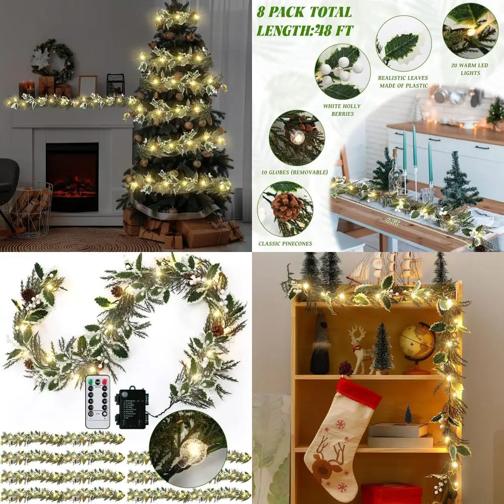 

Battery-Powered 6-Foot Artificial Christmas Garland with White Lights, Holly, Pine Cones, and Berries for Indoor or Outdoor Use