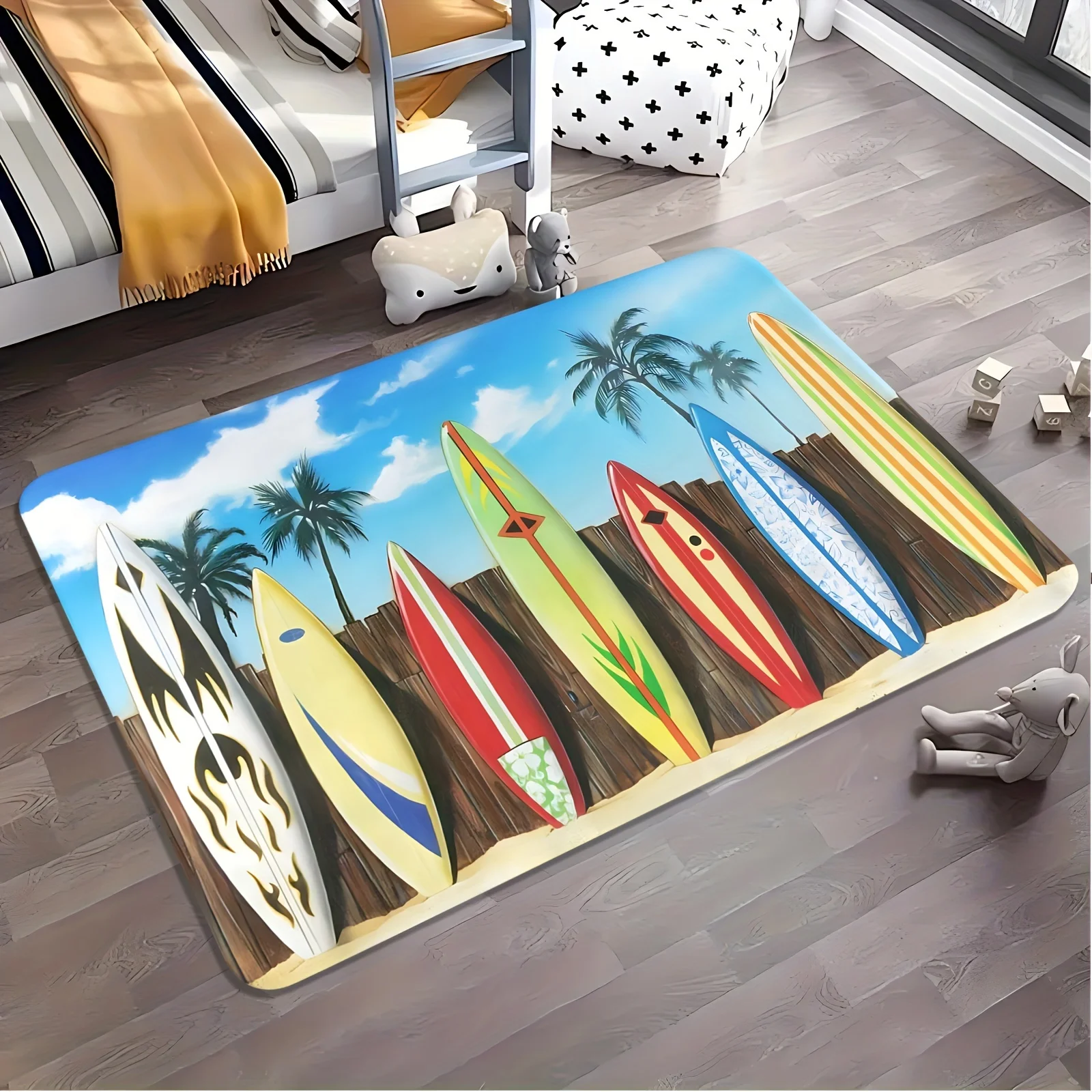Surfboard pattern Flannel-printed floor mats are slip-resistant Suitable for living room bedroom terrace garden carpets