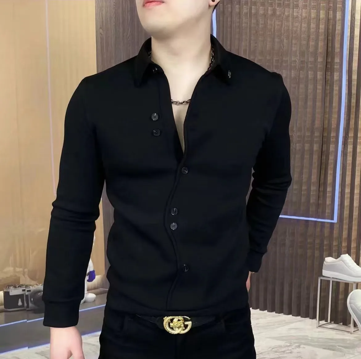

2024 Winter Warm Velvet Stylish Mens Shirts Slim Fit Deep V-neck Sexy Plush Blouse Social Party Wear Unusual Clothes Products