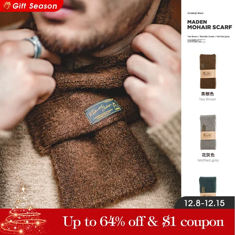 Maden-Lenço mohair vintage para homens e mulheres, cachecóis de malha, gola quente, à prova de vento, cor sólida, moda simples, tamanho pequeno,