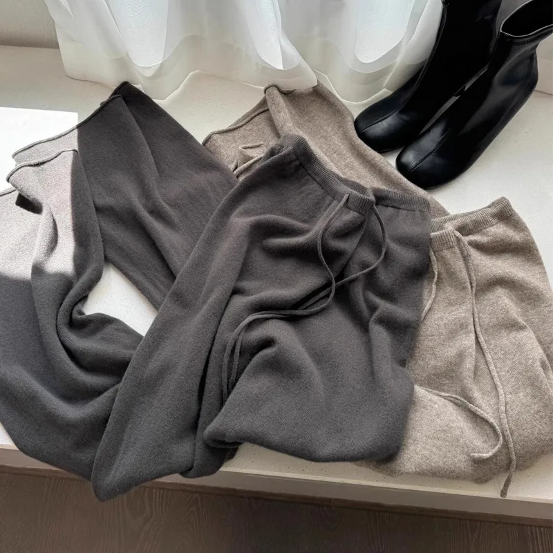 Elegant Warm Loose Female Drawstring Knitted Pants Winter Elastic Waist Pockets Wide Leg Sweater Trousers for Women