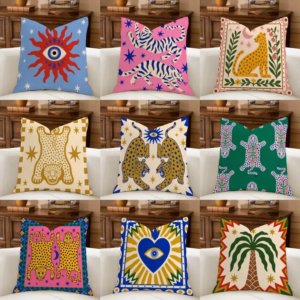 Mystical Leopard Evil Eye Sun Cushion Cover Natural Breathable Durable Linen Printed Decor Pillow Case Sofa Bedroom