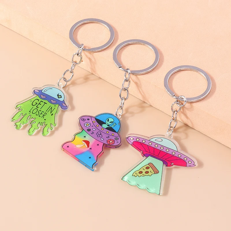 Aihua Creative Acrylic Alien Keychain For Women Men Funny UFO Spaceship Key Ring Chains Bag Pendant Trendy Party Jewelry Gifts