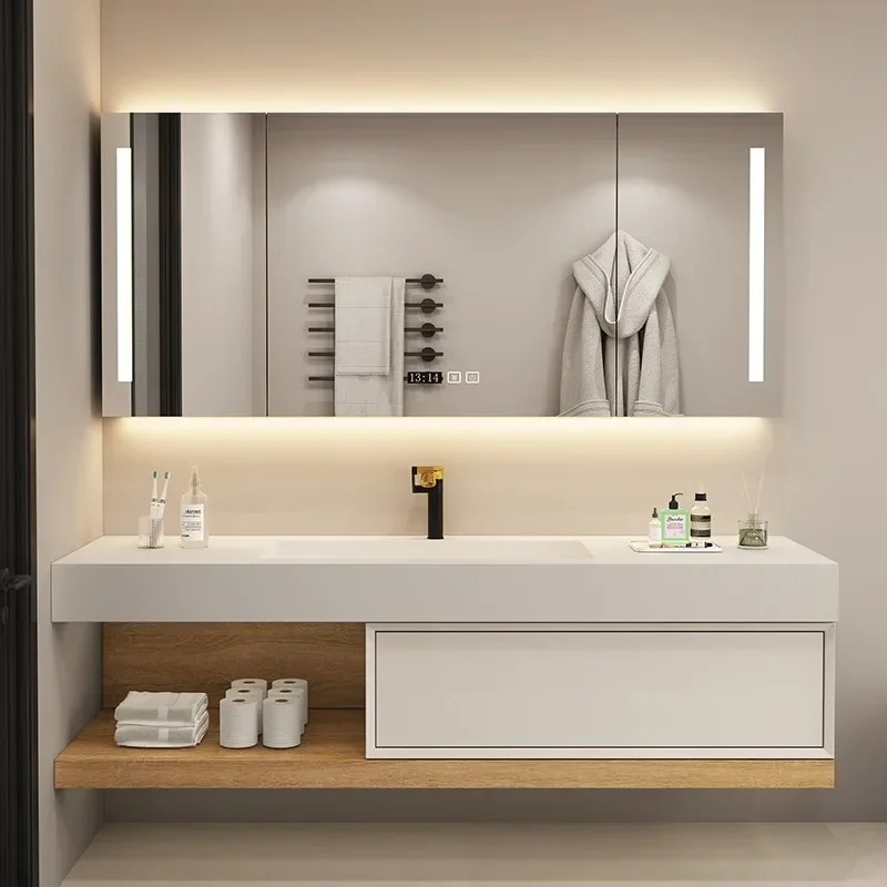 

Rock Slab Seamless Ceramic Integrated Basin Bathroom Cabinet Combination Hand Wash Basin Bathroom Cabinet Solid Wood