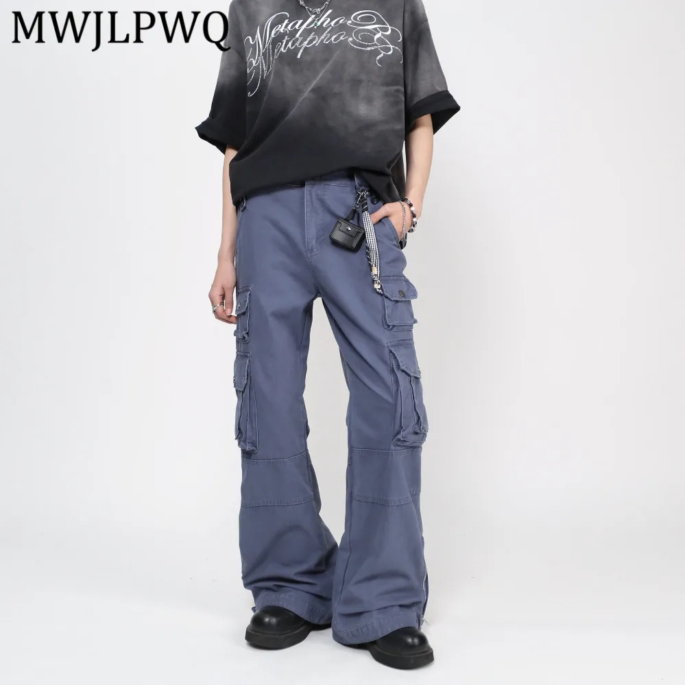 

MWJLPWQ Heavy-Duty Washed Workwear Pocket Side Zipper Design Cargo Pants For Men Straight Loose Slightly Flared Trousers 14442