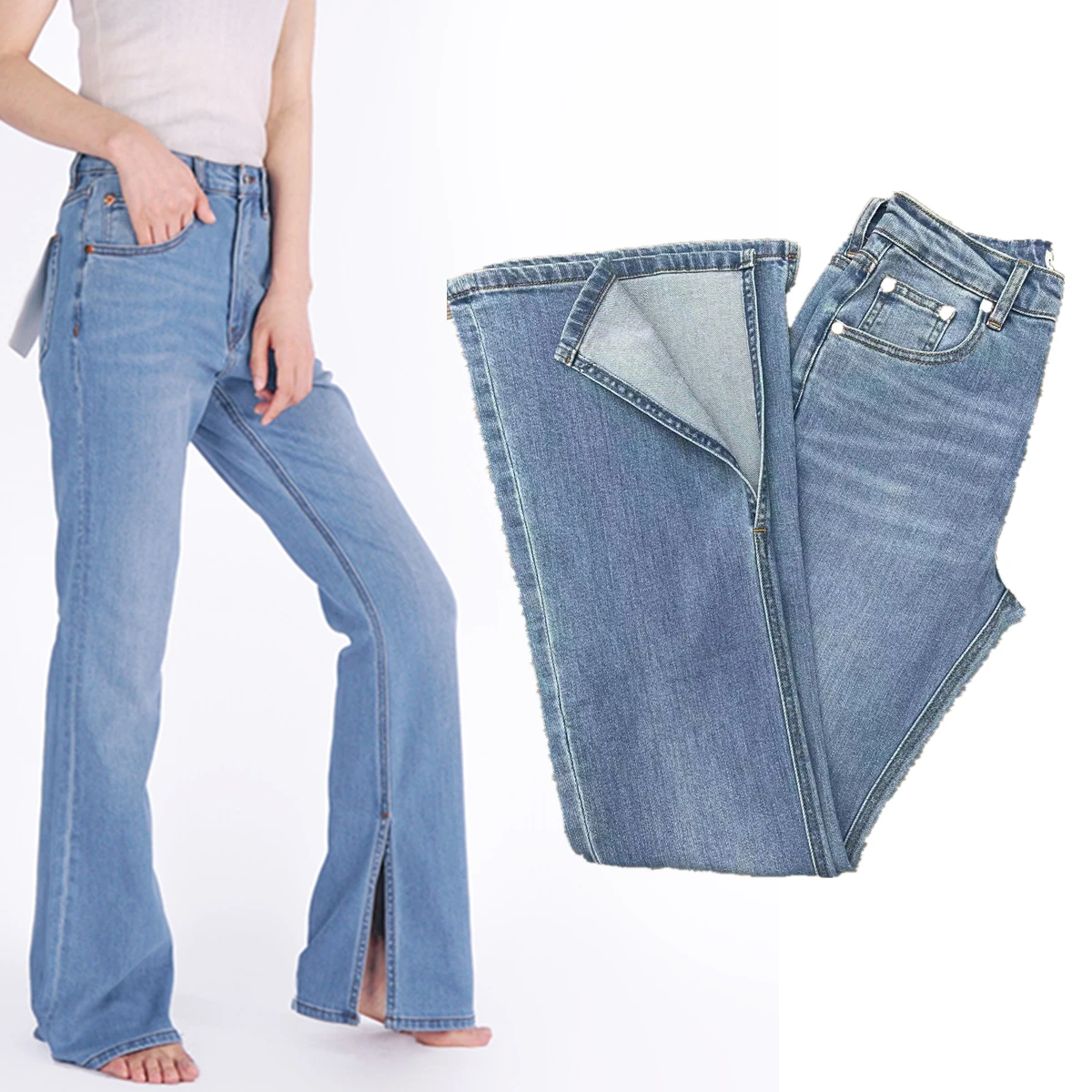 

Withered French Minimalist Retro High Waist Light Blue Slightly Elastic Slit Flared Jeans Women Slim Denim Pants