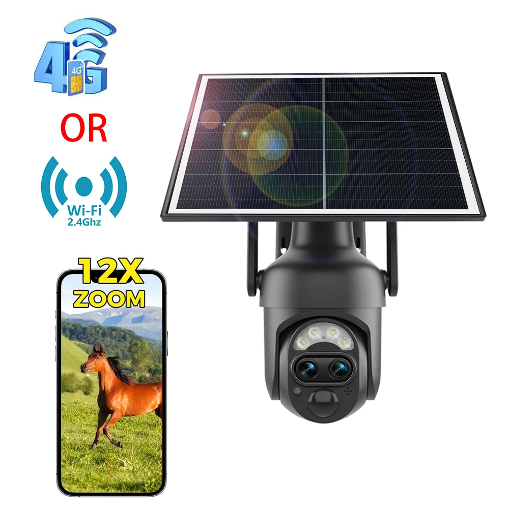 4G OR WIFI 12X Hybrid Zoom Security Battery Solar PTZ Dual Lens PIR Motion Detection IR Color Night Vision Camera Outdoor 3MP 2K