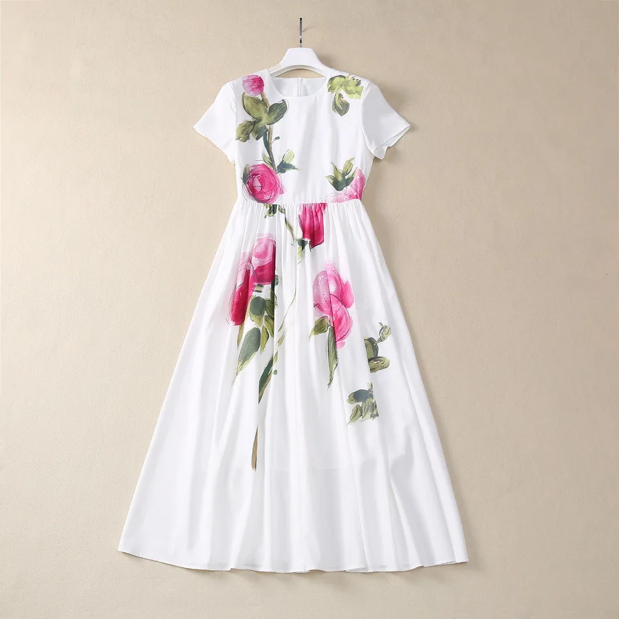 

European and American women's clothing 2025 spring new Short-sleeved crew neck hand-painted rose print Fashion pleated dress XXL