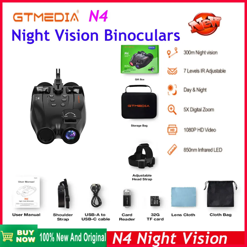 GTMEDIA-prismáticos de visión nocturna N4, binoculares de 300M, 5X, óptico, completo, oscuro, 850nm, infrarrojo, LED, vídeo 1080P, IPX6, impermeables, para exteriores, originales