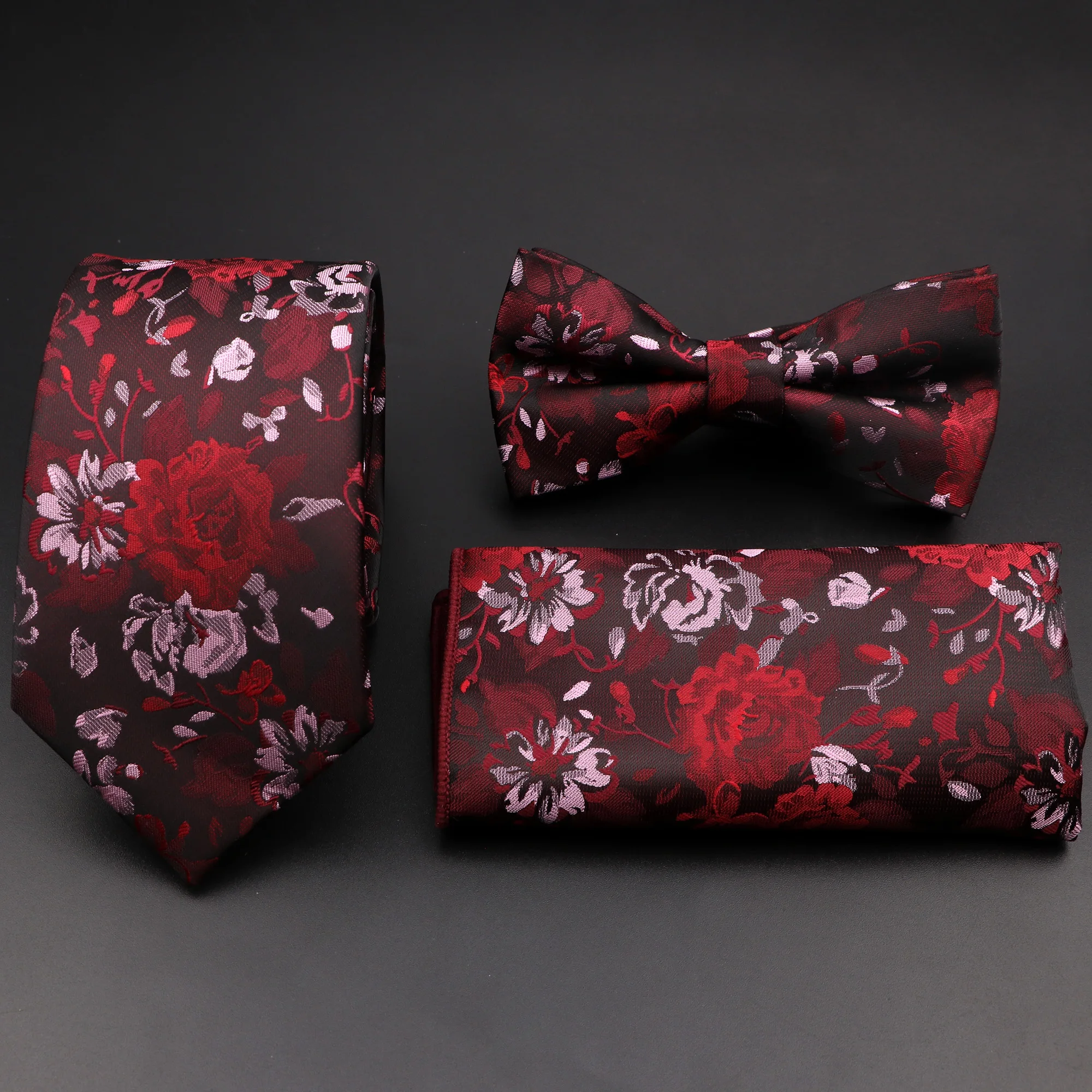 Hot Sale Red Rose Floral Tie Set Polyester Wave Meteor Fireworks Necktie Bowtie For Groom Suit Wedding Cravat Shirt Accessory