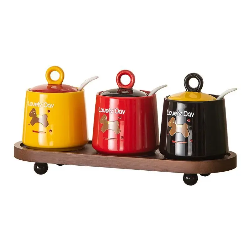Dopamine Ceramic Spice Jar Set - Aesthetic Kitchen Organizer with Wooden Stand,Minimalist Canisters Salt, Pepper,Pantry Storage​