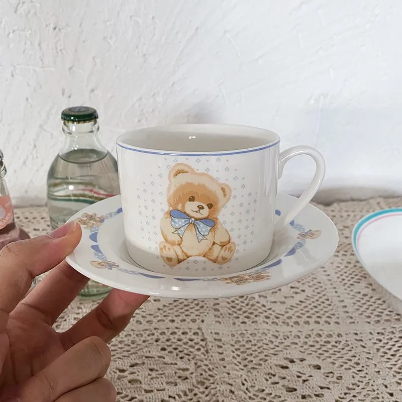 Cute Little Bear Korean Bone China Coffee Cup and Saucer Set Cutlery Coffee Plate Dish Home Afternoon Tea Set Gift For Girl