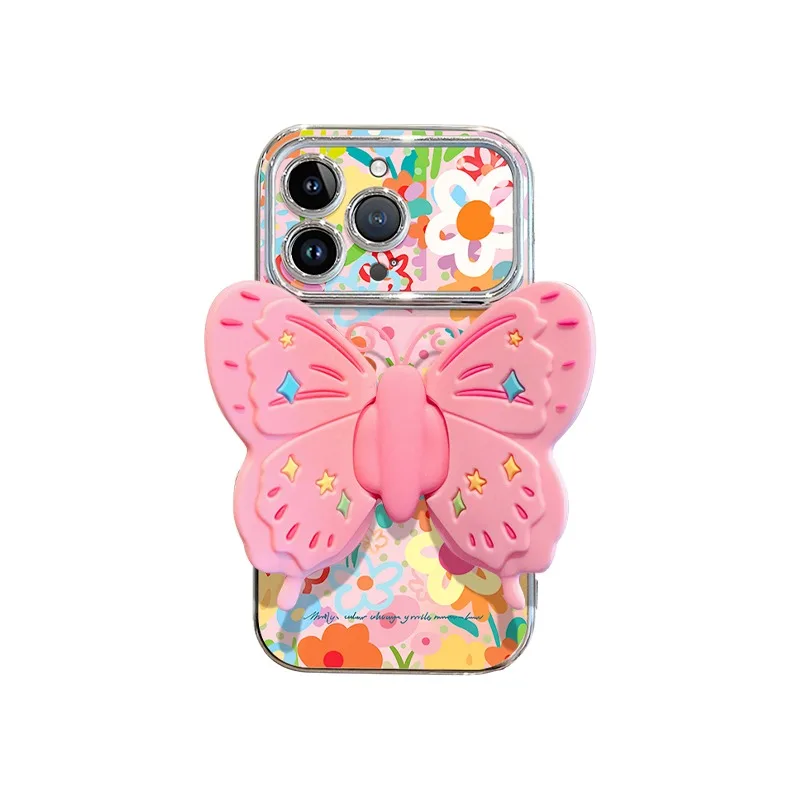 

Korea Cute 3D Butterfly Holder Stand Phone Case For IPhone 15 14 13 11 12 Pro Max Plus X XR Crossbody Strap Lanyard Rope Cover