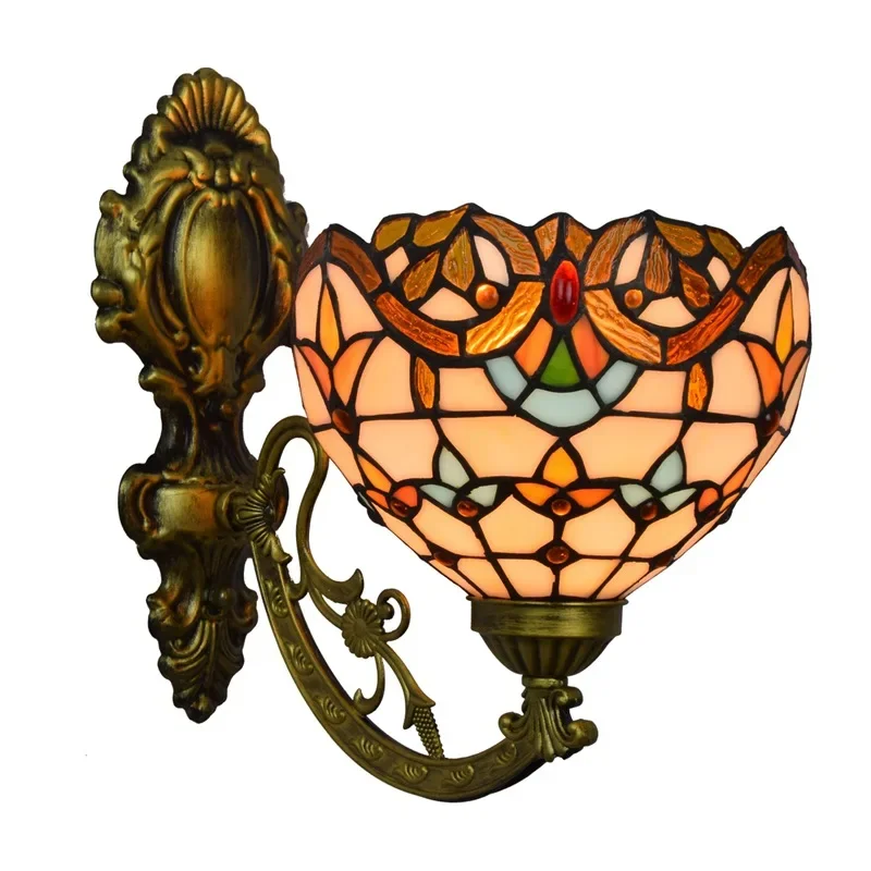 

Stained glass retro mirror headlight baroque bedside aisle sunflower single head glazed wall lamp