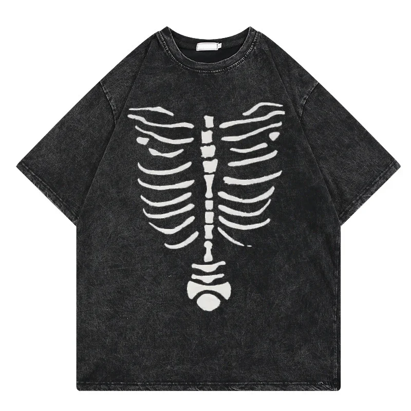 

Punk Hip-Hop Gothic Skeleton Design Vintage Washed Tshirt Men Top Cotton Oversized T Shirt Harajuku Retro Aesthetic Graphic Tee