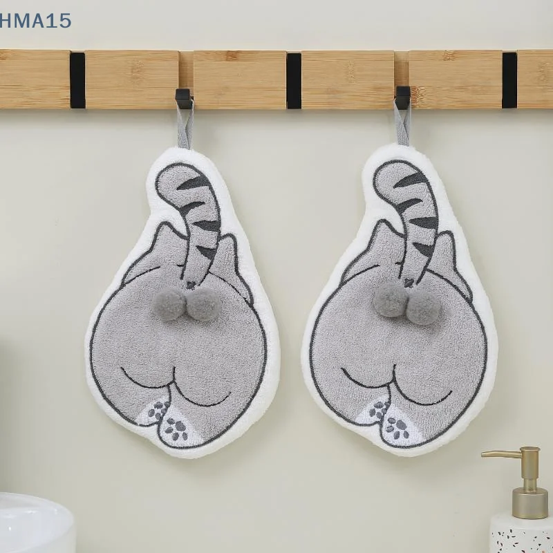 【YA】Novelty Cat Butt Hand Towel Ultra Soft Absorbent Coral Fleece for Kitchen Dish Washing Bathroom Hand Drying